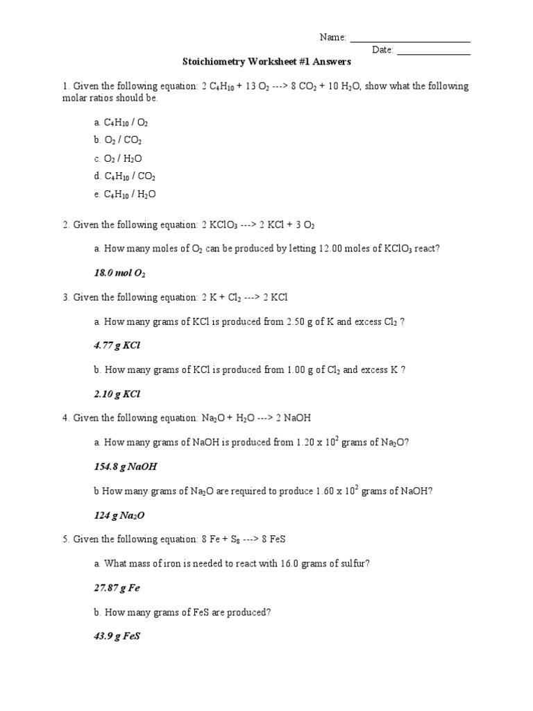 Stoichiometry Worksheet Answers Mole Unit Iron