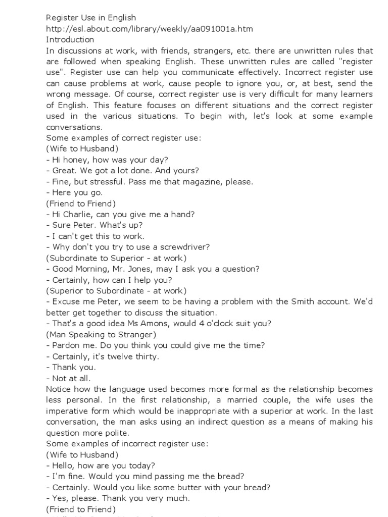 Understanding English Register Usage | PDF | Conversation | English ...