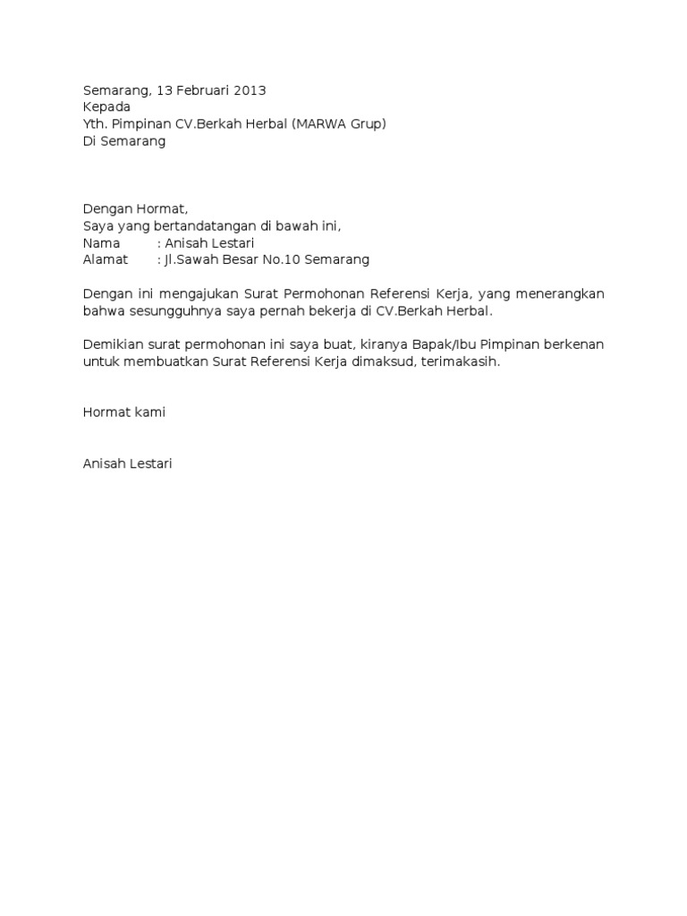 Contoh Surat Permohonan Permintaan Surat Keterangan Kerja