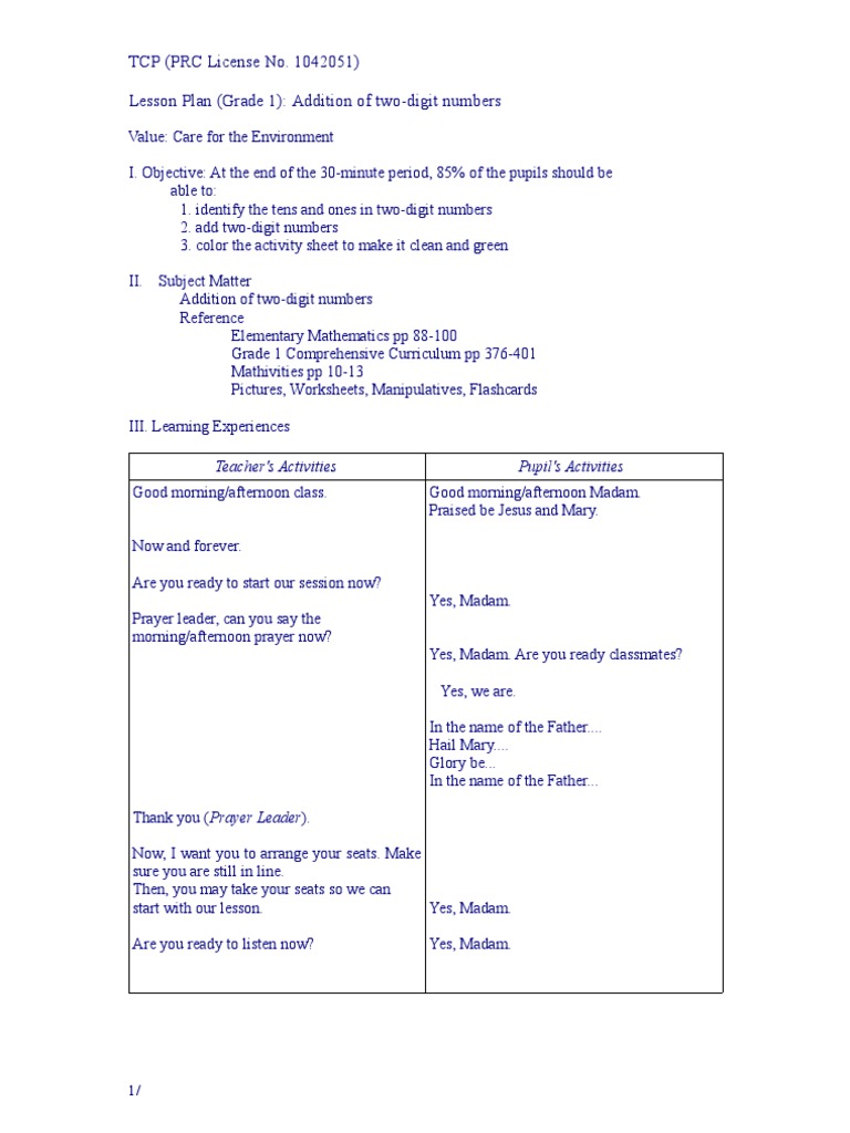 1st Grade Lesson Plan: Two-Digit Addition | PDF | Lesson Plan | Pedagogy