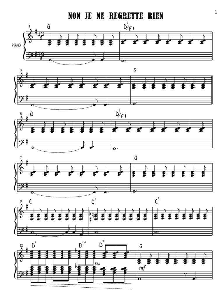 Non Je Ne Regrette Rien Piano Partition