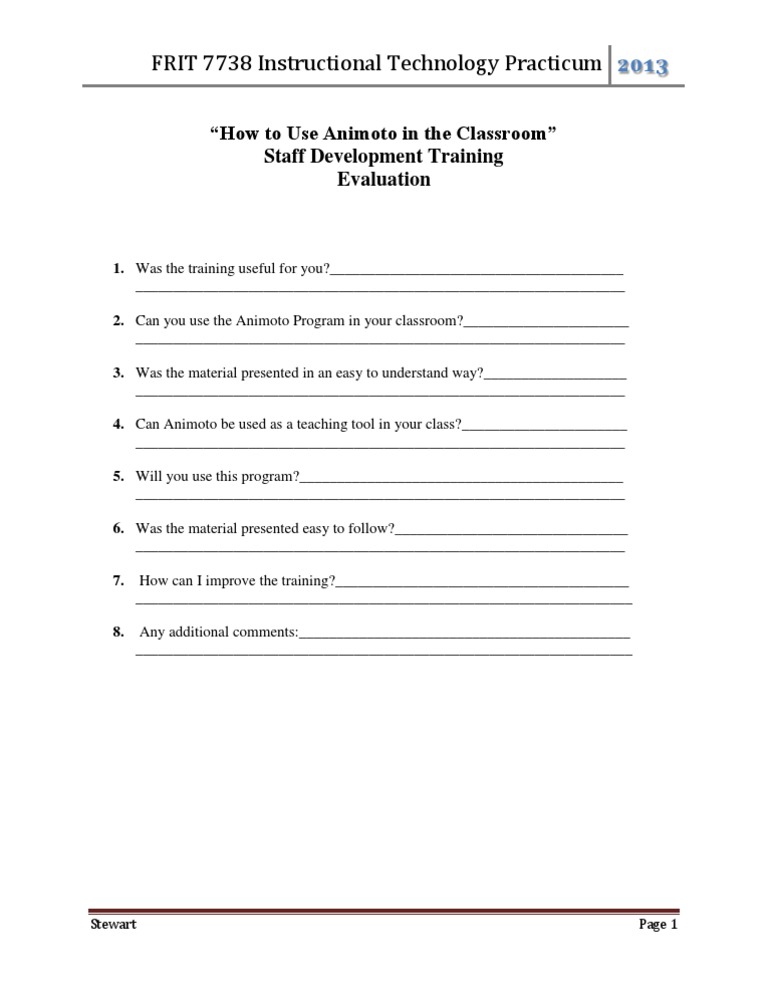 Animoto Training Evaluation Sheet | PDF