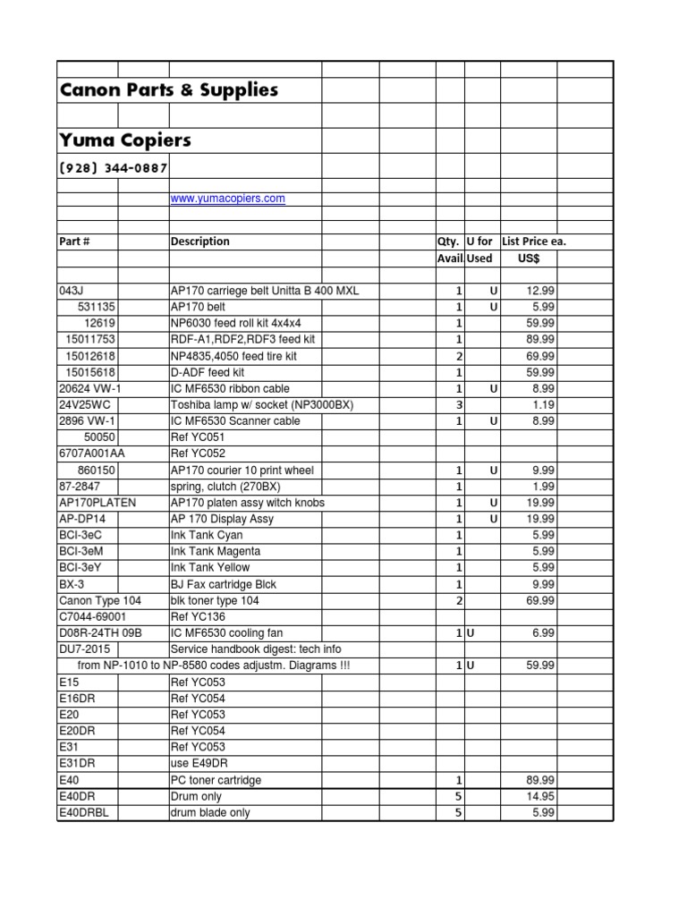 Canon Copier Parts and Supplies List | PDF