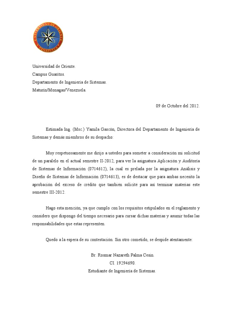 Carta Solicitud Paralelos. Rosmar