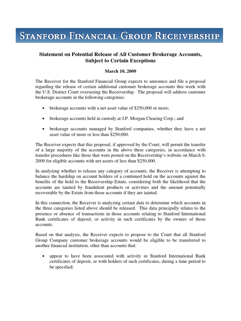 Stanford Receiver Press Release 031009 PDF Receivership Bankruptcy