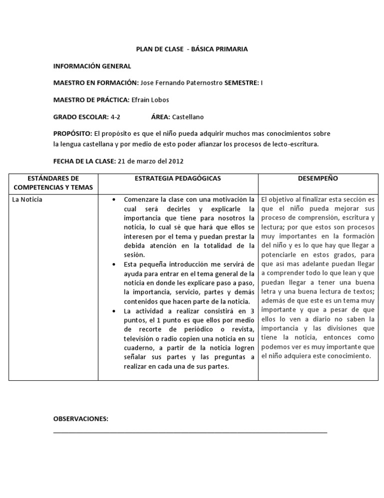 Plan de Clase: La Noticia en 4to Grado | PDF | Crecimiento personal y ...