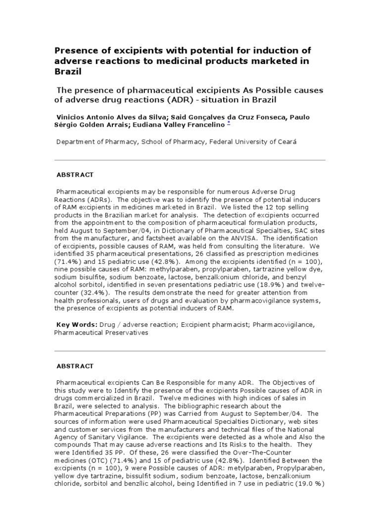 Excipients Inducing Adverse Reactions in Brazil | PDF | Pharmaceutical ...