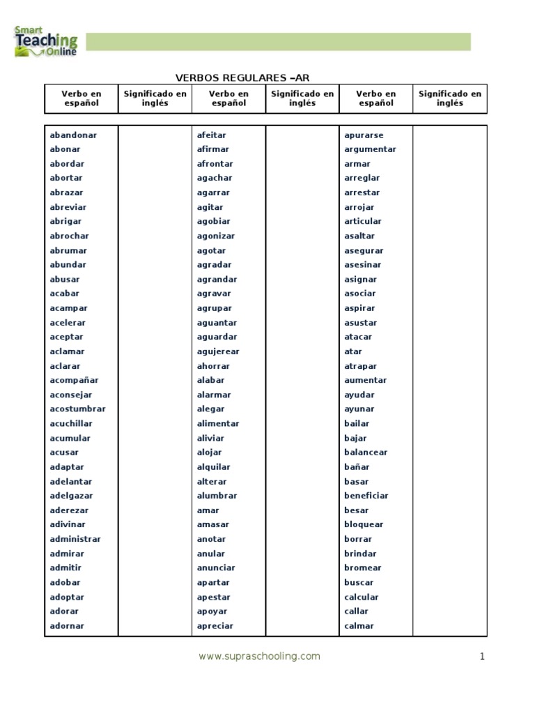 Lecci n 9 Lista De Verbos AR