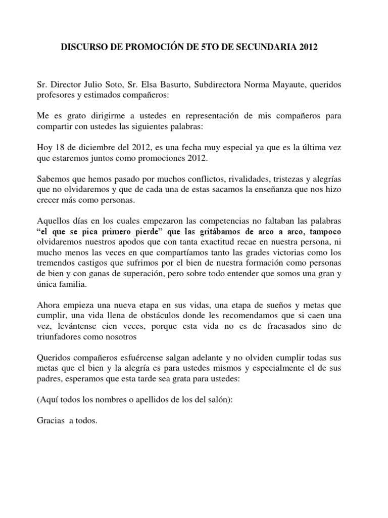 DISCURSO DE PROMOCIÓN DE 5TO DE SECUNDARIA 2012 Amor