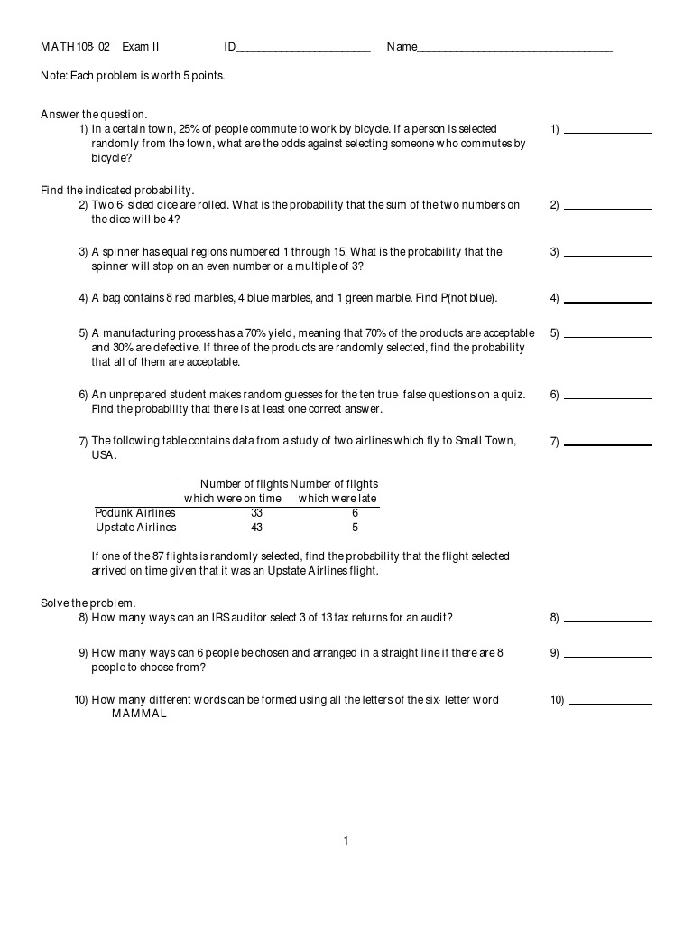 Exam II for MATH108-02: Solutions to Probability and Statistics ...