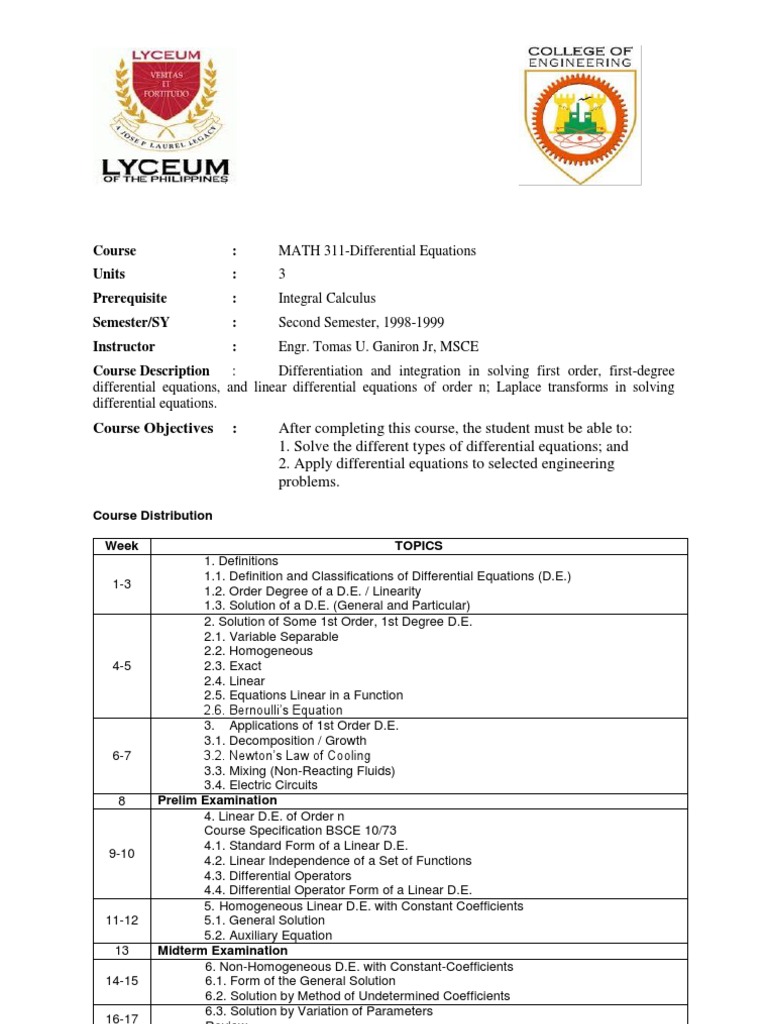 Math 311Differential Equations Syllabus