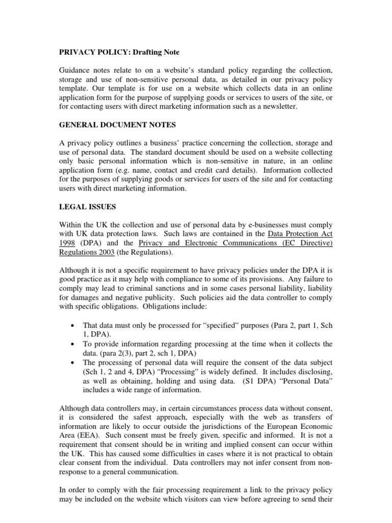 Privacy Policy Template Notes  PDF For customer data privacy policy template