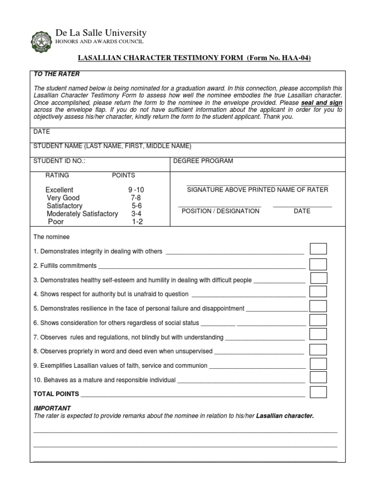Lasallian Character Testimony Form | PDF