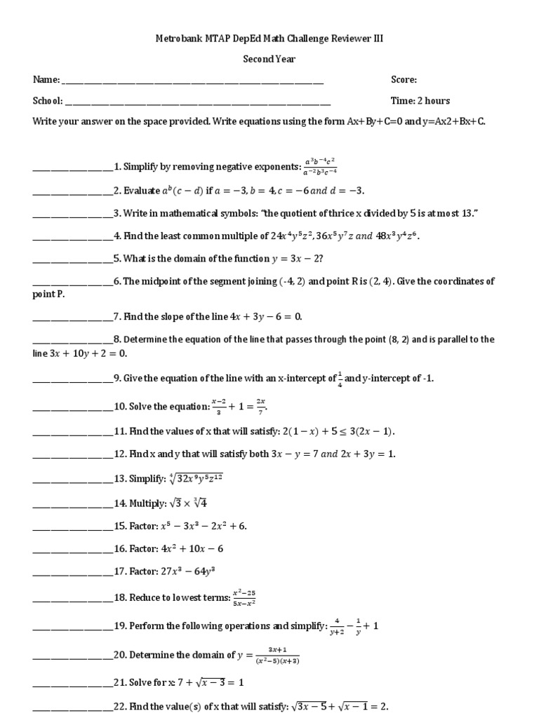 Metrobank MTAP DepEd Math Challenge Reviewer For Second Year HS | PDF ...