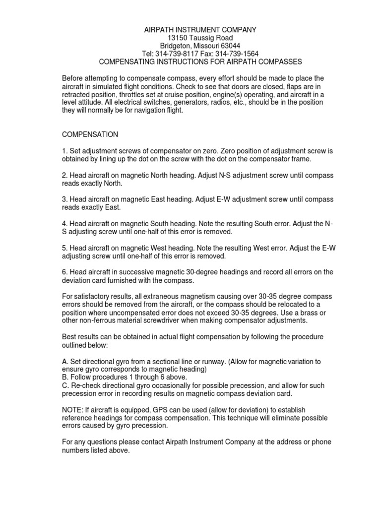 Compensating Instructions For Airpath Compasses PDF Compass Equipment