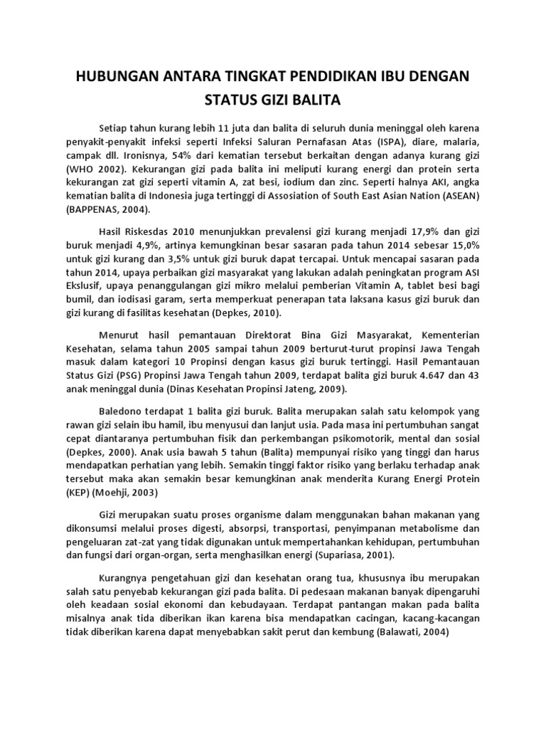 Hubungan Antara Tingkat Pendidikan Ibu Dengan Status Gizi 