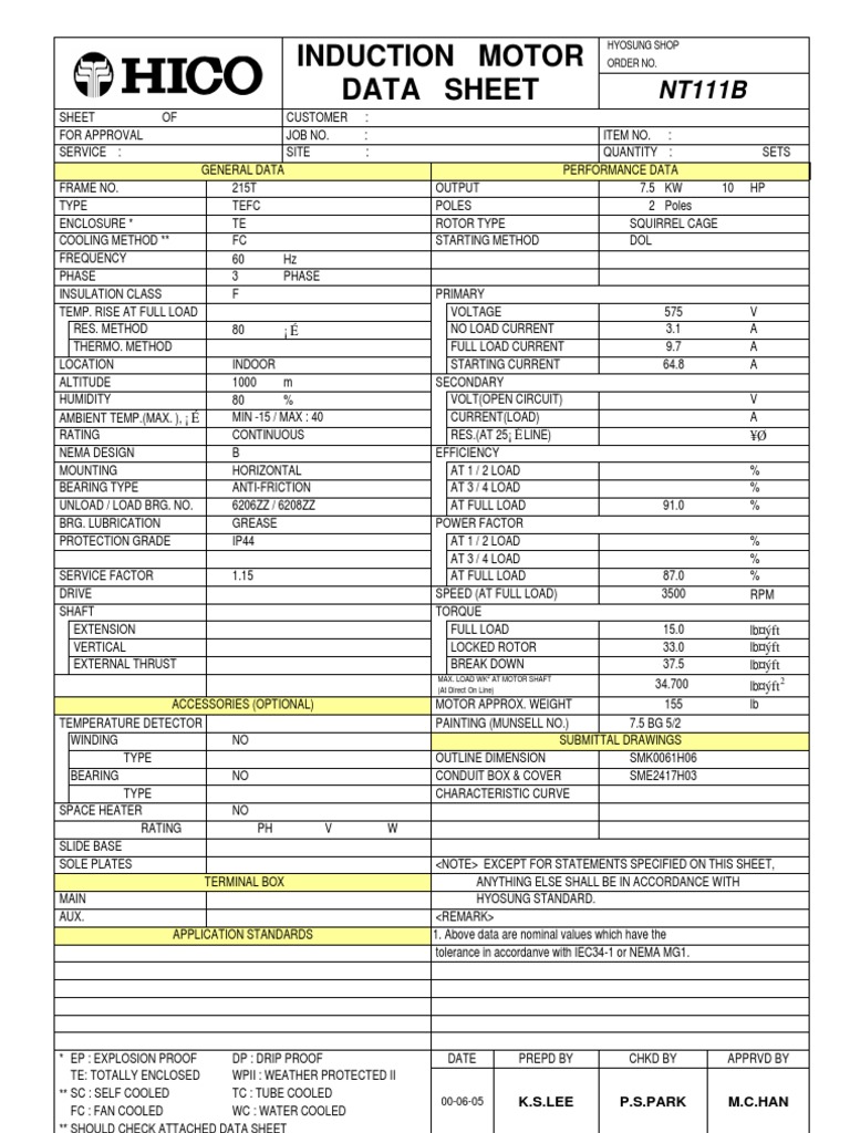 HICO Induction Motor Data Sheet Electric Power Manufactured Goods