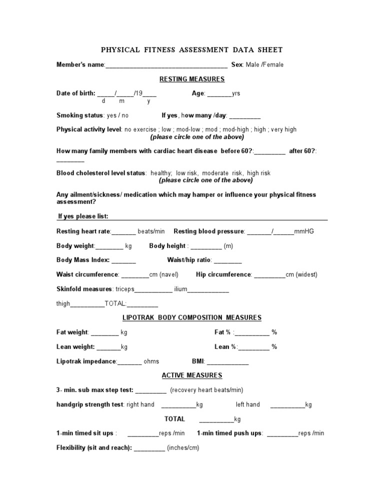 Physical Fitness Assessment Data Sheet | PDF | Lifestyle
