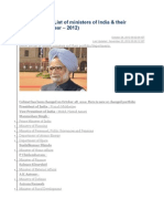 India Cabinet: List of Ministers of India & Their Departments (Year - 2012)