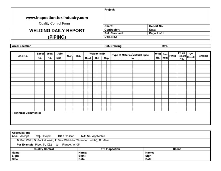 Piping Welding Daily Quality Control and Inspection Report 