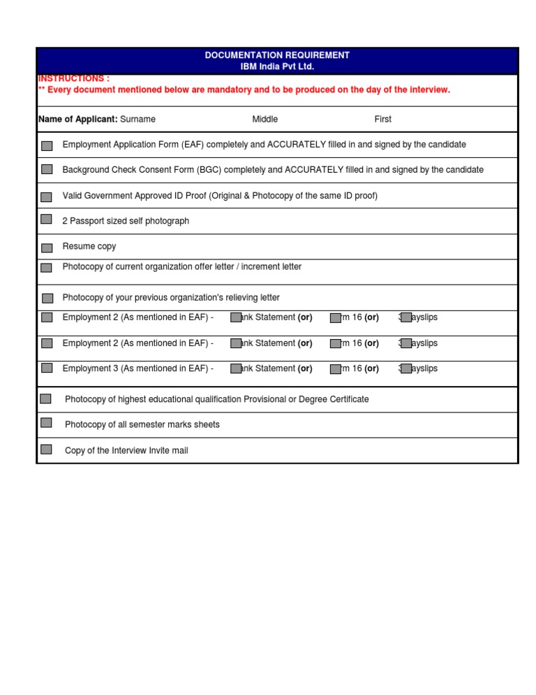 IBM India Interview Document Checklist | PDF