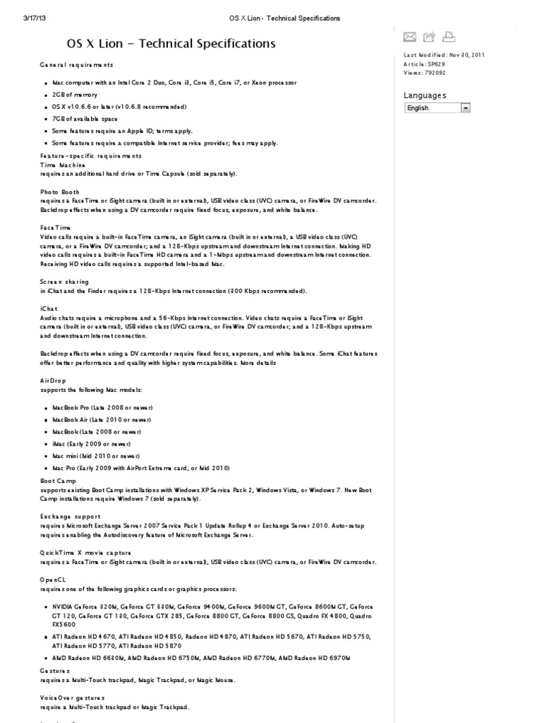 OS X Lion - Technical Specifications | PDF