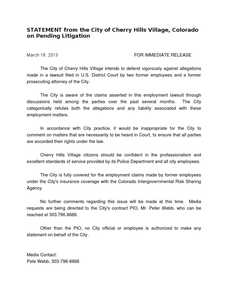 Cherry Hills Village Litigation Statement | PDF