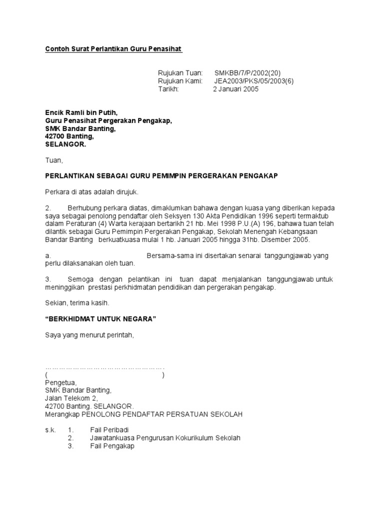 Contoh Surat Perlantikan Guru Penasihat