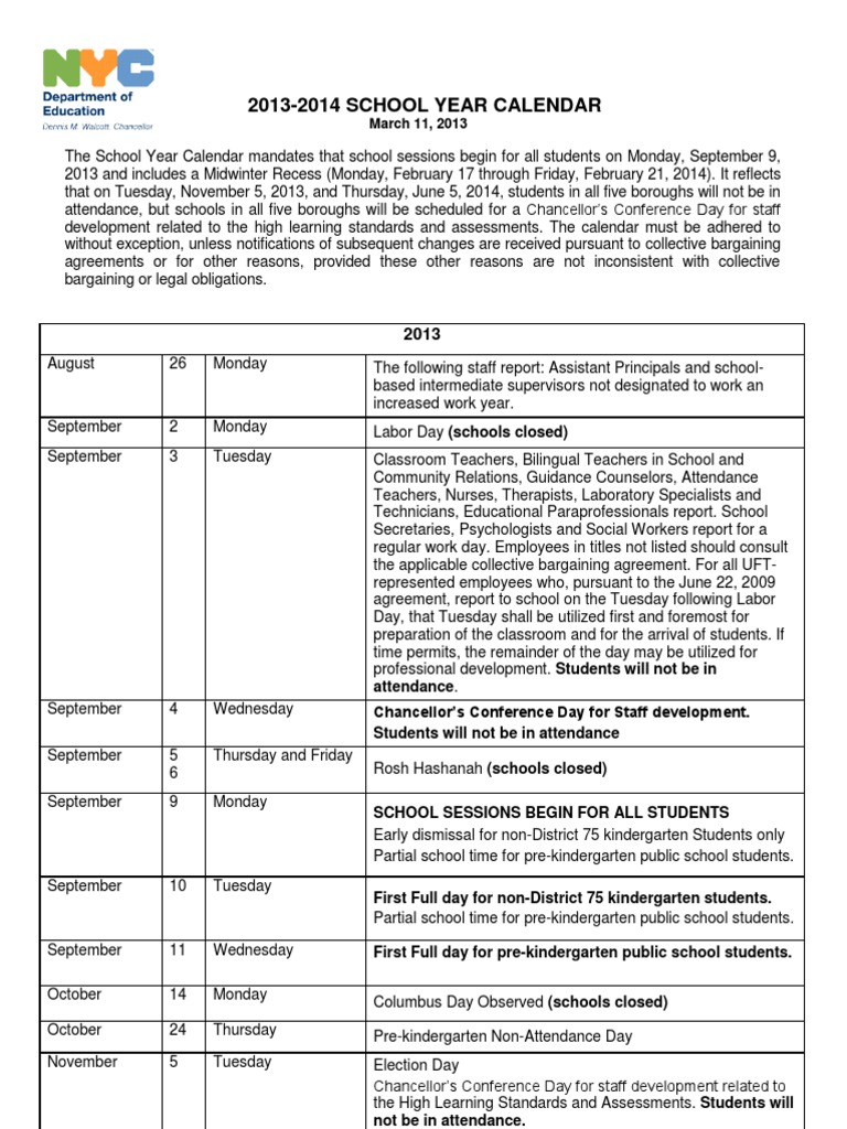 2013 2014 NYC School Year Calendar PDF Secondary School Regents