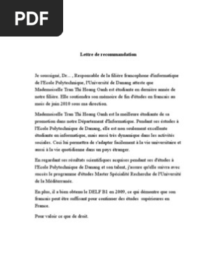 Lettre De Recommandation Pdf