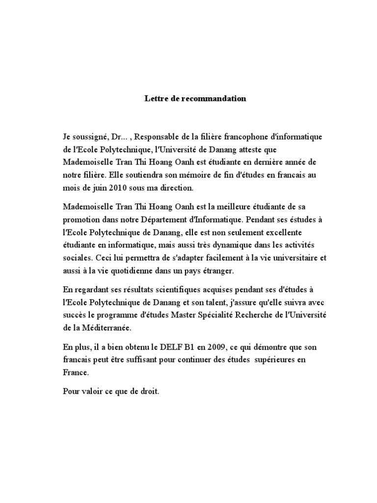 Lettre De Recommandation D un Prof Pour Un étudiant Pdf Lettre de Recommandation | PDF