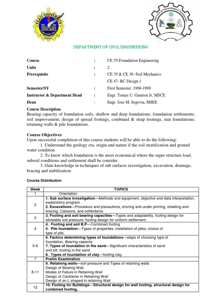 CE 55Foundation Engineering Syllabus PDF Deep Foundation