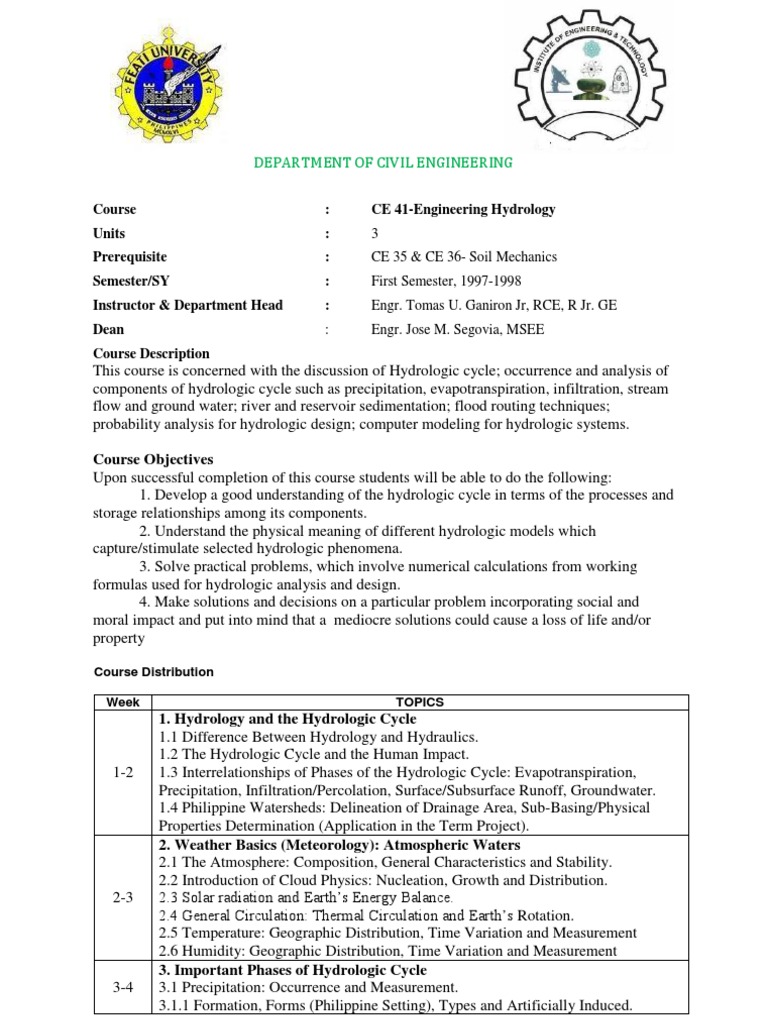CE 41Engineering Hydrology Syllabus Hydrology Water Cycle Free