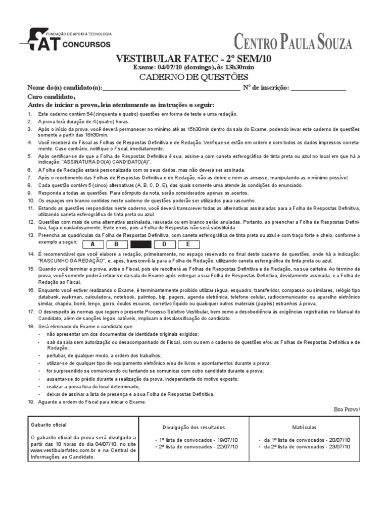 Instruções e Questões do Vestibular FATEC 2010 | PDF | Carbono | Polímeros