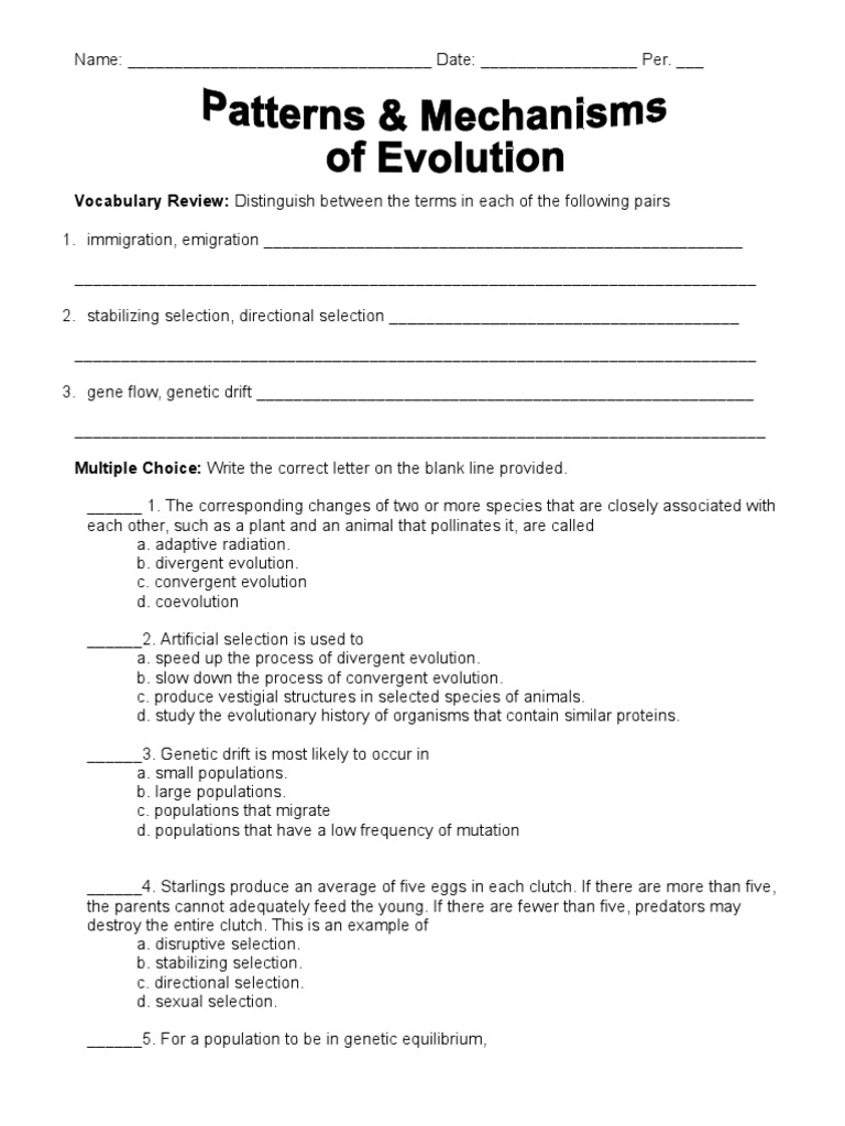 Worksheets Evolution Worksheet patterns and mechanisms worksheet natural selection evolution
