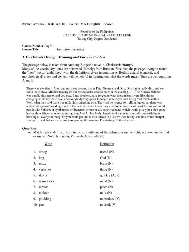 A Clockwork Orange Meaning and Form in Context PDF Noun Verb