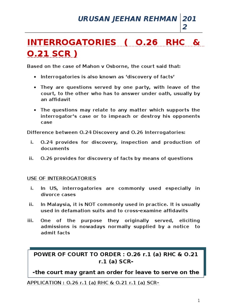 Interrogatories 1 | Interrogatories | Discovery (Law)