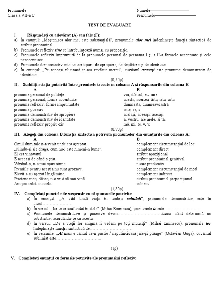 Test Pronume - Clasa A 7-A | PDF