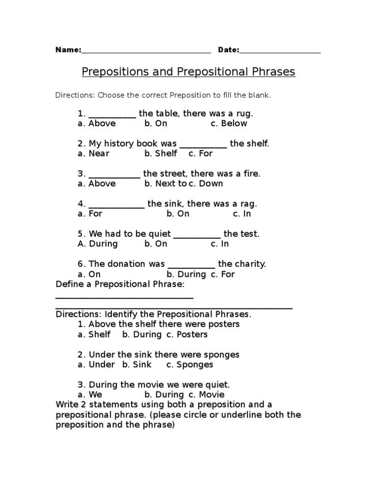 Prepositions and Prepositional Phrases Worksheet