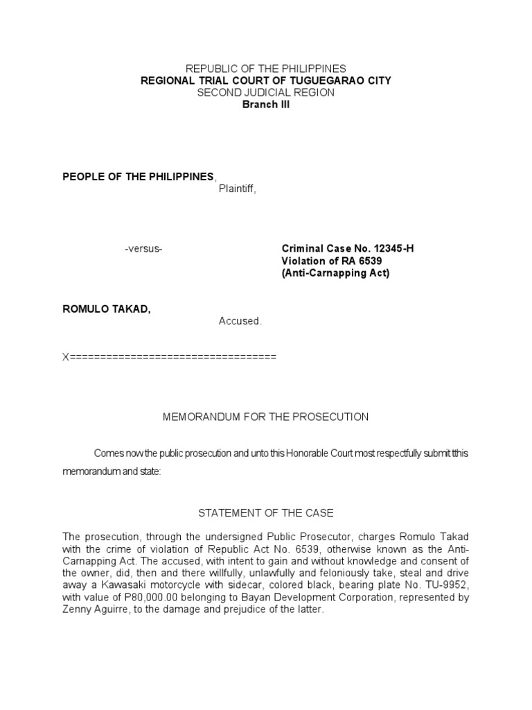 Prosecution Memo: Anti-Carnapping Case | PDF | Prosecutor | Theft