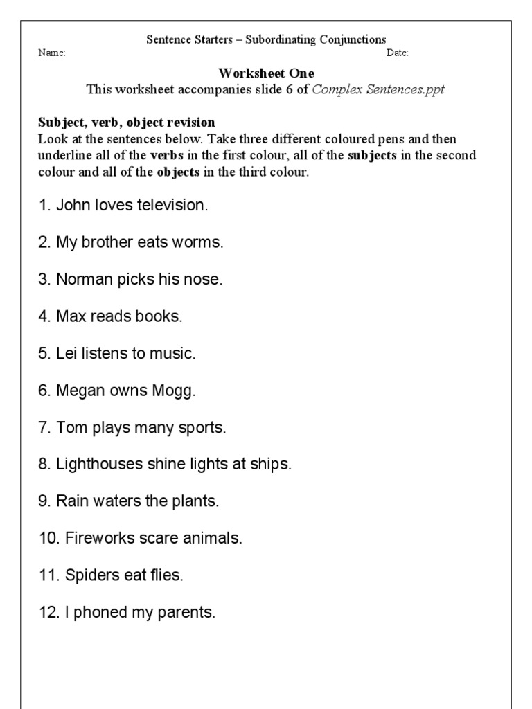 Year 6 Complex Sentences Worksheets