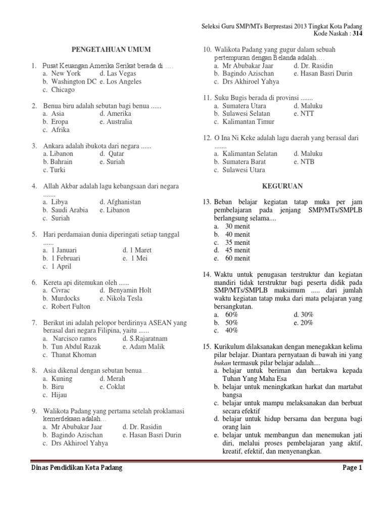 Soal Tes Guru Smp Berprestasi