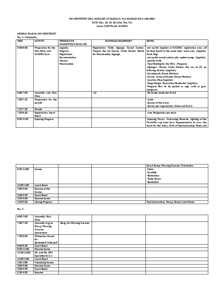 JMY Sportsfest 2011 Program Flow | PDF | Multi Sport Events | Logistics