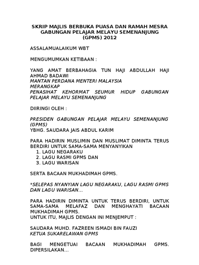 Skrip majlis berbuka puasa dan ramah mesra pdf