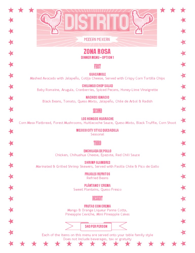 Zona Rosa Dinner Menu Option 1 | PDF | Cooking, Food & Wine