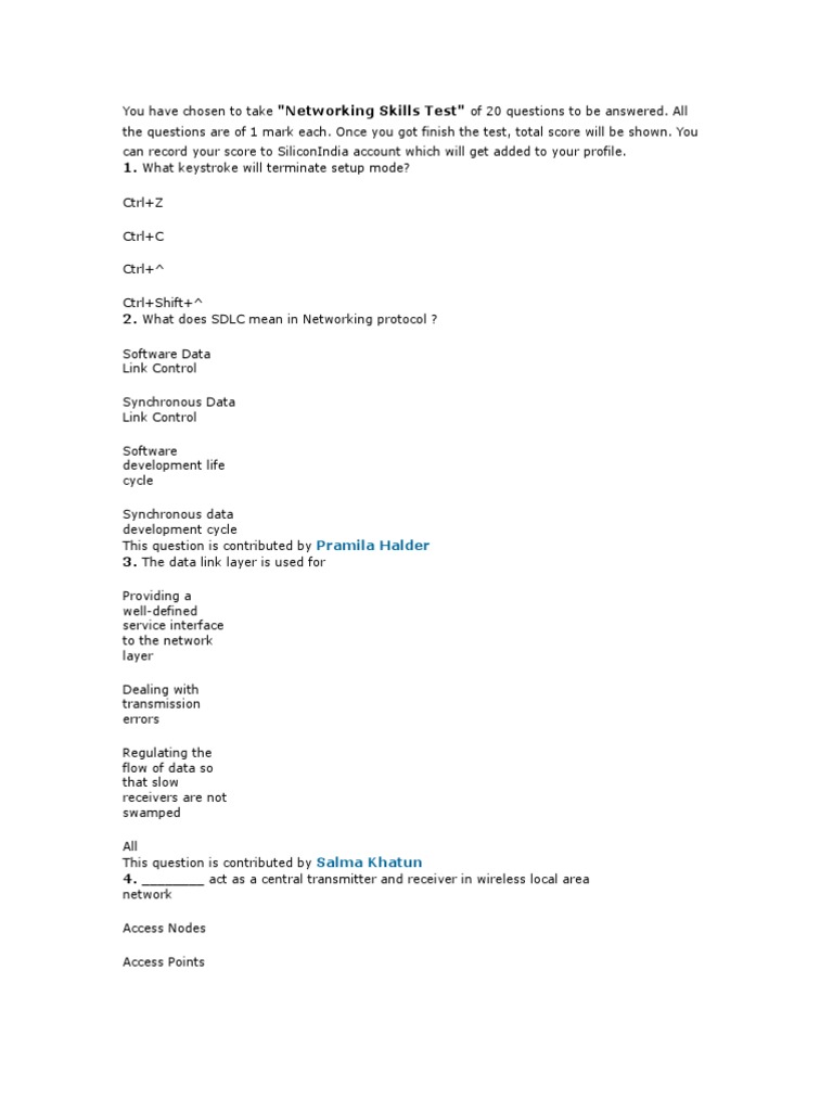 Networking Skill Test PDF Protocols Computer Network