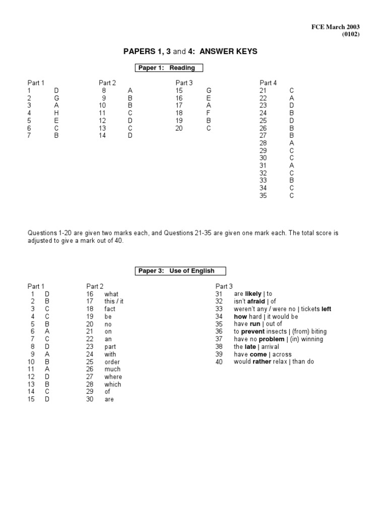 Papers 1, 3: and 4: Answer Keys | PDF | Sports & Recreation | Science ...