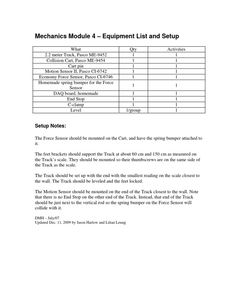 Mechanics Module 4 - Equipment List and Setup | PDF