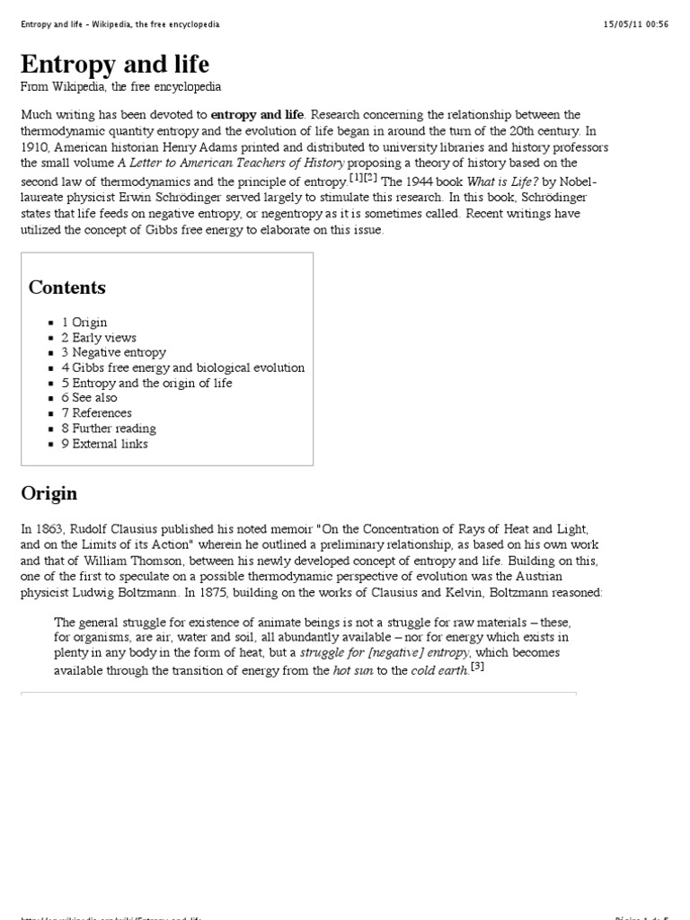 Entropy and Life - Wikipedia, The Free Encyclopedia | PDF