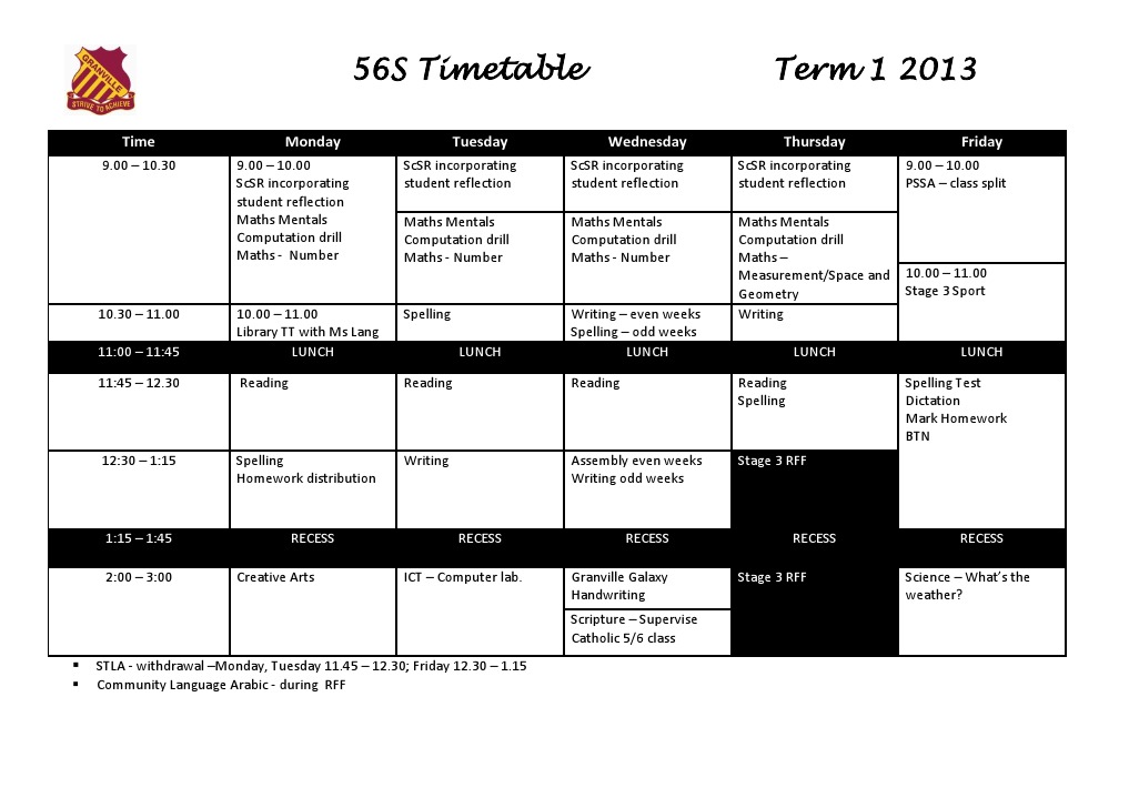 Term 1 2013 Class Timetable | PDF